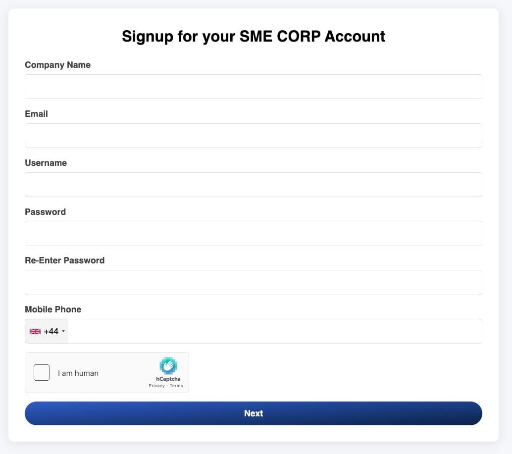 Pryvate SME Corp Account signup form